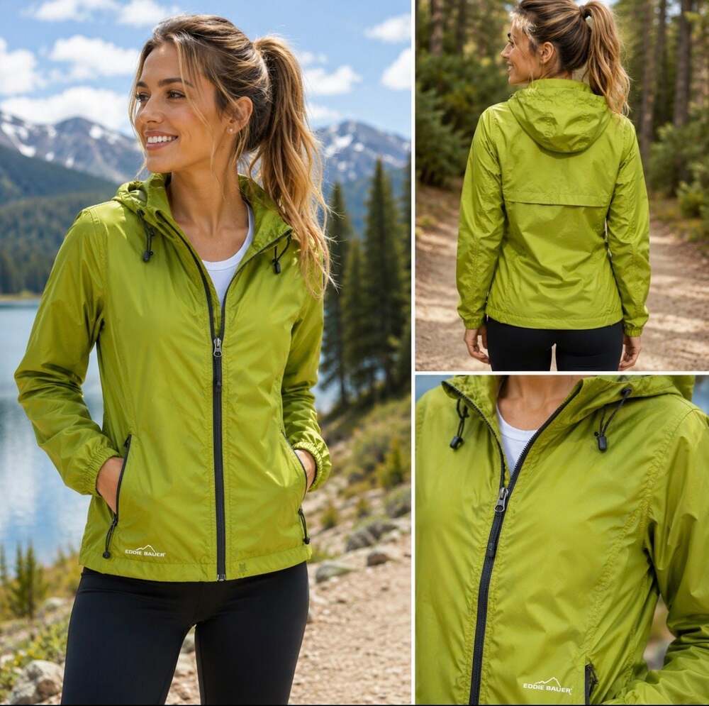 Eddie Bauer Women’s M Green Hooded Rain Jacket Windbreaker Full Zip Lightweight